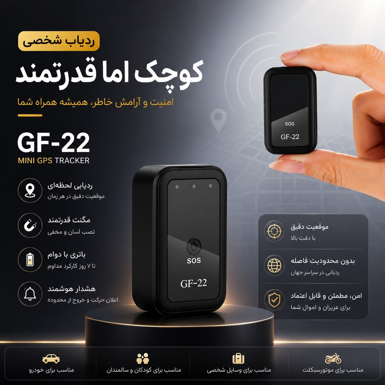 ردیاب و جی پی اس (GPS) سیمکارتی کوچک مدل GF-22 سفید